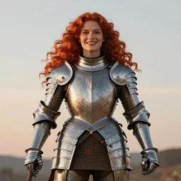Symmetrical knight of symmetry. Muscular red-haired woman with long curly symmetrical red hair. Plate armor. Cheerful. Art by William-Adolphe Bouguereau. During golden hour. Extremely detailed. Beautiful. 4K. Award winning.