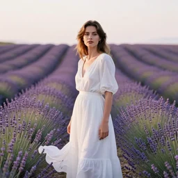 dream A portrait of a French woman, mid-20s, wearing a white flowing dress, in a lavender field in France, 85mm, 1.2, Kodak Portra, trending on Instagram