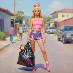 still from music video of barbie from die antwoord standing in a township street, wearing a trashbag garbage bag and flowers, street fashion, full figure portrait painting by martine johanna, ilya kuvshinov, rossdraws, pastel color palette, shiny plastic, spraypainted tattoos, detailed impasto brushwork, impressionistic