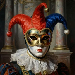 a baroque neoclassicist close - up portrait of a colorful uv jester gazing intensely wearing an iridescent retrofuturistic venetian carnival mask at a masquerade, large marble architecture in background. renaissance portrait painting. highly detailed science fiction painting by norman rockwell, frank frazetta, and syd mead. rich colors, high contrast, gloomy atmosphere, dark background. trending on artstation
