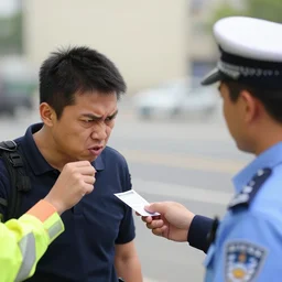 an angry man eating the ticket a traffic warden has just given him