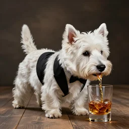 West highland white terrier in a tuxedo drinking scotch