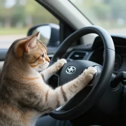 cinestill of a cat driving a car, both paws on the driving wheel
