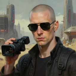 wide shot of a bald young man with the same sunglasses as neo in matrix, and he's holding a cinema camera in a martian city, scifi, detailed realistic face, photorealistic oil painting, digital art, by charlie bowater, by jeremy lipking, by makoto shinkai, octane render