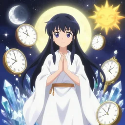 anime cell shaded, anime cute teenage, god of gods, surrounded by clocks, crystals, moon, sun, space, light, darkness, wlop, ilya kuvshinov, artgerm, krenz cushart, greg rutkowski, hiroaki samura, range murata, james jean, katsuhiro otomo, erik jones