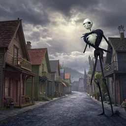curved perspective digital art of a clowdy summer small town street from nightmare before christmas by anton fadeev