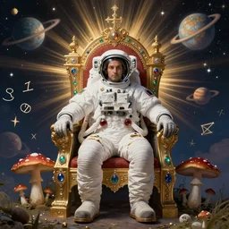 an astronaut sitting in a christian throne with jewels and mushrooms, with planets and zodiac constelations, by dan mumford, by ross tran, psychedelic digital art, symmetry
