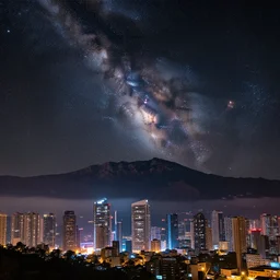 a beautiful double exposure of a deep field astrophotography image by hubble in the sky, and a night time landscape with towering mountains above a cyberpunk city, skyscrapers, aircraft, mist, now, lpoty, award winning, wide angle, street view, apod, low noise, detailed, sharp