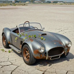 closeup of rusty shelby cobra, vine covered, desert, cracked dry lake bed, by Zdzislaw Beksinski, Norman Rockwell, al duke, Valter de Morais, highly detailed, soft lighting, film grain, Portra 400, 8k resolution, hd, oil on canvas