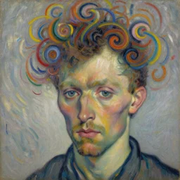 realistic impressionist painting of a man with swirls of color emanating from his head in the style of lucein freud