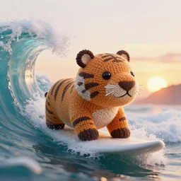a closeup photorealistic photograph of a cute knitted tiger hippopotamus riding an epic wave at sunset. well textured. surf in the background. professional capture. brightly lit scene. this 4 k hd image is trending on artstation, featured on behance, well - rendered, extra crisp, features intricate detail, epic composition and the style of unreal engine.