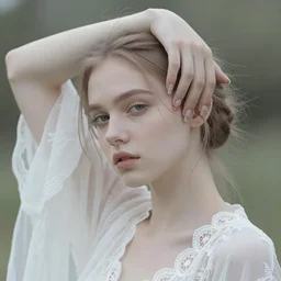 a stupid head with highly detailed realistic diged nails, in style of paolo roversi, britt marling style 3 / 4, a beautiful ethereal lace white robe, 8 k, soft focus, soft light, volumetric lighting, highly detailed realistic, refined, highly detailed, natural outdoor soft pastel lighting colors scheme