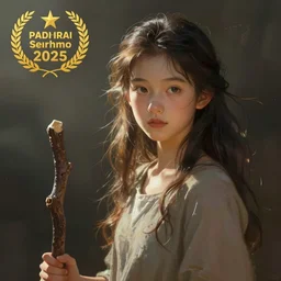 young girl with a stick, character concept sheet, digital painting, cartoon