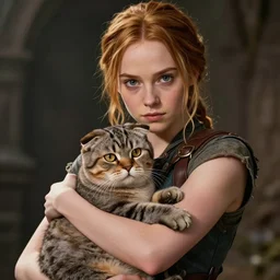 Katniss Everdeen cradling a Scottish Fold Cat in her arms, closeup of arms, digital portrait by Greg Rutkowski, intricate, sharp focus, cinematic, epic, artstation