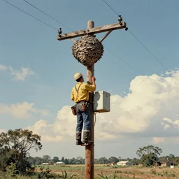 A lineman working on a utility pole (telephone pole), a wasp!! nest on the pole. painting, commercial illustration, 1960s,