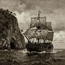 photorealistic sepia painting of a pirate ship sailing in front of a tropical island cliff with the mouth of a grotto at the waterline, dark, brooding, atmospheric, lovecraft, by dave dorman