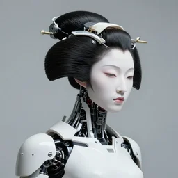 fine art portrait head shot minimal geisha cyborg mech by ilm and bill sienkiewicz and emmanuel shiu, zaha hadid, simplified neo - futuristic tactical, ennui pose feminine, studio, mamiya 6 5 mm photograph, iso 4 0 0, f / 5. 6, hyperrealism, studio lighting, high detail, sharp focus, trending artstation, cgsociety