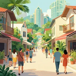 illustrated portrait of a busy small town street, lush, many people, modern art deco, colorful, mads berg, christopher balaskas, victo ngai, fine texture, detailed, muted colors, dynamic composition, matte print, wide angle, moody, stippled light, very grainy texture, ( ( strong stippled shadows ) )