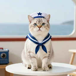 a cat with a sailor hat and outfit sitting on a table on a boat