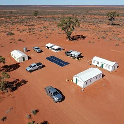 aerial drone photograph of a campsite on the border of the australian red desert with pickup trucks, solar panels, water silo, tents and prefab medical center