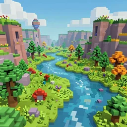a fantasy colorful landscape, rendered as voxels