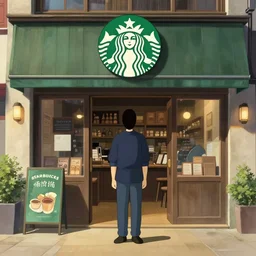starbucks shop with spirited away style, no face man, illustrate, art by ghibli studio
