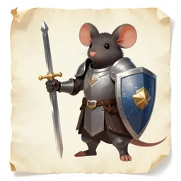 character design sheet for a heroic mouse knight with sword and shield on a parchment background, redwall, greg rutowski and jean baptiste monge, very very detailed, epic fantasy concept art