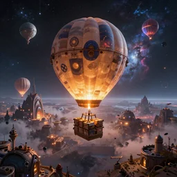 neo solar punk civilization hot air balloon carrying cargo across space time through the deep glowing nebula dust, grand scale top fish eye perspective digital art