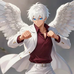 Tall anime guy with blue eyes, white angelic hair, wearing bordeaux shirt and white graceful jacket drawn, in a fighting stance, with angel wings, digital painting, artstation, concept art, soft light, hdri, smooth, sharp focus, illustration, art by tian zi and craig mullins and WLOP and alphonse mucha, visual novel sprite
