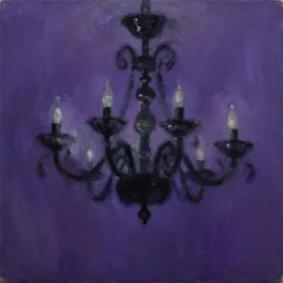 oil painting of a monstrous black chandelier swinging and moving violently to the foreground of the painting, dynamic movement, deep purple background, chiaroscuro, automatism, tachisme, violence, heavy impasto technique, painterly, dynamism, iridescence, iridescent gradient, gaussian blur, desaturated, palette knife, vintage matte painting