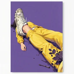 Big wall poster artwork in purple by Michael Whelan and Yuji Hamada, Rendering of a woman laying down wearing yellow velor sweat suit and dirty heavily worn white keds slip on tennis shoe with toes pointing up covered by dark colored leaves and twigs from the calf and up by Makoto Shinkai, Matte painting, trending on artstation and unreal engine