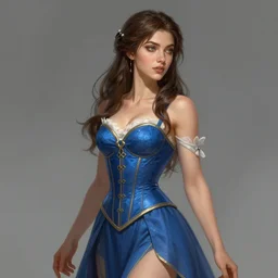 brunette fairy woman, wearing blue corset and dress, medium shot angle, d & d, fantasy, highly detailed, digital painting, trending on artstation, concept art, sharp focus, illustration, art by artgerm and rosstran