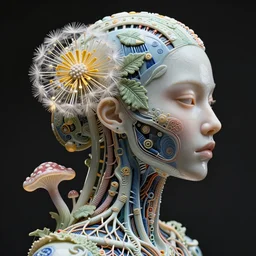 intricate hyper detailed ultra sharp 3 d render of a beautiful porcelain biomechanical cyberpunk woman profile portrait, 1 5 0 mm, global illumination, radiant light, large pore fungi embroidered, haute couture alexander mcqueen leaves stems dahlia transparent fractal dandelion yellow pistil filigree roots, intricate details, anatomical, flesh ornate, facial muscles, cable wires, elegant, hyper realistic, ultra detailed, octane render, volumetric cinematic lighting, 8 k post - production