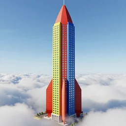 red - yellow - blue building, skyscraper shaped like rocket ship, aquamarine windows, megatall building, tallest building in history, peak of building above clouds, unreal engine 5 render, colorful building, cel - shading, cel - shaded