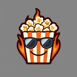 vector futurist style logo featuring a flaming piece of popcorn with a smiling face, with mirrorshades sunglasses, clean composition, symmetrical