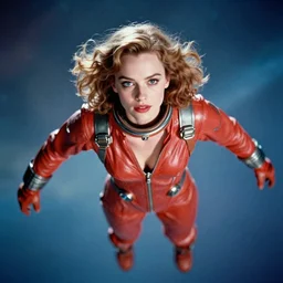 a portrait of milla jovovich as barbarella wearing a leather spacesuit floating in zero gravity, psychedelic, beautiful, soft focus, depth of field, cinematic, film grain, in the style of kubrick, ridley scott