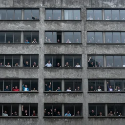 сlose - up portrait of the building in the style of brutalism, gray dirty walls, lots of windows, a colorful people screaming in every window, by wens anderson, ando tadao, adams ansel, dark palette by the handmaid's tale, fog,