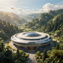 round sci-fi building in a forested valley with birds, sense of hope, daytime, bright sky, digital art, art station, extremely detailed