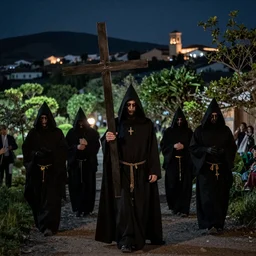 A Holy Week procession of grim reapers in a lush Spanish landscape at night. A hooded figure at the front holds a cross. Petrus van Schendel.