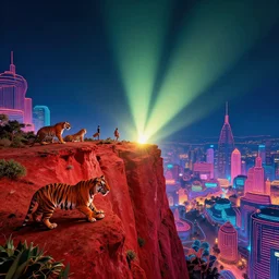 raphael lacoste, bastien grivet, ross tran, tigers on a red dirt cliff, retrowave, neon colors night, intricate details in environment, meeting point, luminance, golden ratio, high aestehtic, cinematic light, dramatic light, godrays, distance, clear atmosphere, photobash, wideangle, bierstadt,
