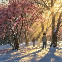 portrait of crepe myrtle trees in a forest during a blizzard. golden hour. shadow and light. rays of light. energetic, dynamic, lively, detailed, intricate, complex. fine art by hayao miyazaki, akira toriyama, makoto shinkai, and ohara koson. studio lighting. tilt and shift lens. bokeh.