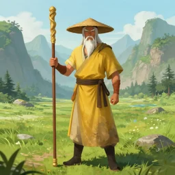 a chinese battle monk, wearing a faded yellow toga, a straw hat, holding a wooden long staff that is perpendicular to the floor, long white beard, beautiful valley with a meadow and dozens of mountains digital art, full body shot, drawn in the style of dungeons and dragons