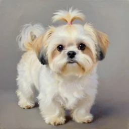 white and blonde shih tzu painting, portrait, oil painting