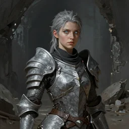 character portrait of a dragon age female grey warden standing in broken underground ruins wearing grey warden armor, dragon age concept art, dragon age concept art, illustration, digital painting, matte painting, realistic lighting, with a realistically proportioned face, glowing eyes, photorealistic eyes, good value control, realistic shading, realistic face details, in the style of frank frazetta