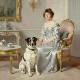 a renaissance oil painting by Alma Tadema of a dog inside an intricately decorated living room, pastel color scheme, digital painting, high detail