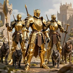 battle knights in golden armor with werewolves, high detail, ultra fantasy realism, high modernization, myths and legends, top level rendering, dynamic lighting, high saturation, cinematic, artstation, octane Render Substance Designer