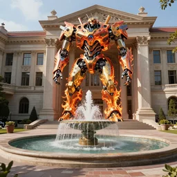 Futuristic school beautiful and magical with a fountain. By Frank Lloyd Wright, concept art, inrincate, sharp focus, digital painting, unreal engine, cgsociety, neoclassical, mech, robot, fractal flame, cinematic, overwatch skin, highly detailded
