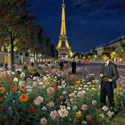 Paris Champs Élysées overgrown by miles and flowers by Tyler Edin and François Schuiten and Jean Delville and John Atkinson Grimshaw and Robert Hubert, German romanticism style, oil on canvas, cinematic lighting, vibrant, concept art, gothic, contrasting, nightscape