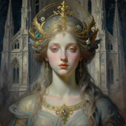 portrait of a beautiful young goddess'body merging with a cathedral building, unusual beauty, etheric, outworldly dimmed colours, emotionally evoking symbolic metaphors, head in focus, fantasy, ornamental, intricate, elegant, highly detailed painting style photo, artstation, concept art, painterly, golden ratio, sharp focus, illustration, art by john william godward and zdzisław beksinski, antonio mora,