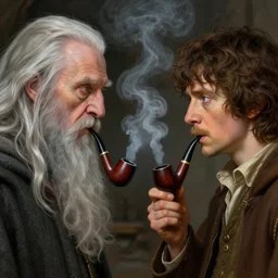 close up portrait of ian mckellen as gendalf and martin freeman as bilbo, face to face, smoke pipes and sending fog donuts, deep focus, d & d, fantasy, intricate, elegant, highly detailed, digital painting, artstation, concept art, matte, sharp focus, illustration, hearthstone, art by artgerm and greg rutkowski and alphonse mucha